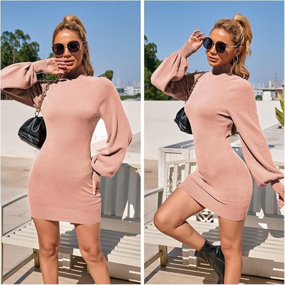 NWT - EXLURA Mock Neck Ribbed Long Sleeve Cute Mini Sweater Dress